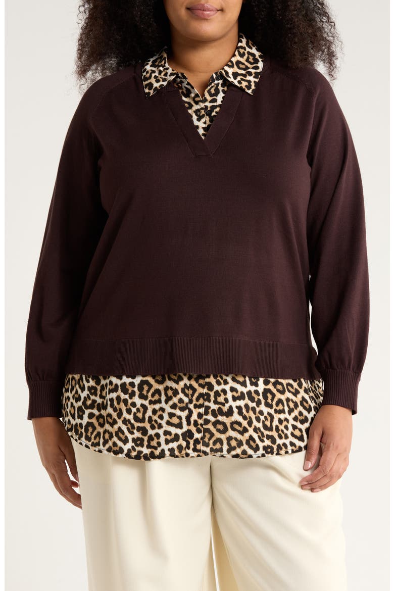 V-Neck Twofer Sweater, Main, color, BROWNIE/ BENGAL CHEETAH