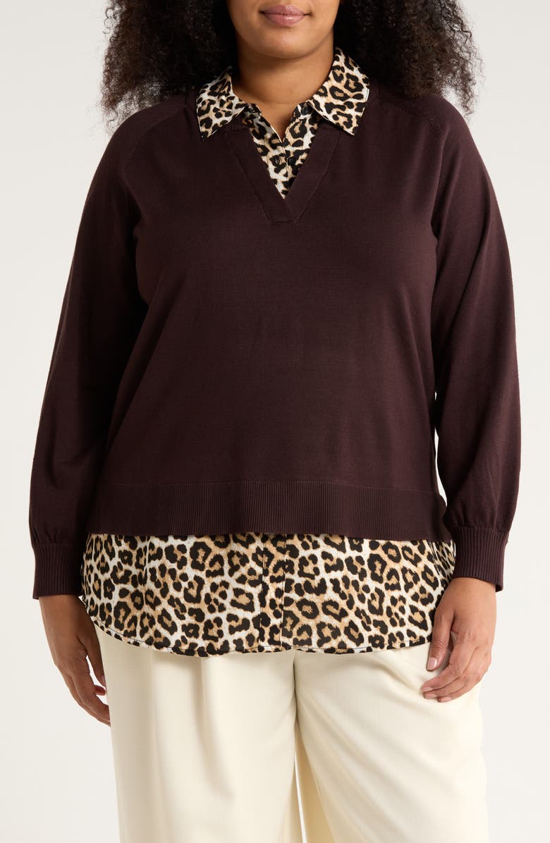 Adrianna Papell V-Neck Twofer Sweater, Main, color, Brownie/ Bengal Cheetah