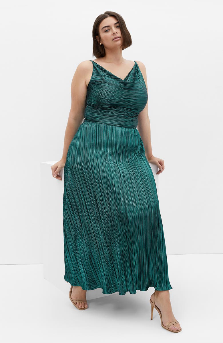 City Chic Kamila Cowl Neck Metallic Plissé Maxi Dress, Alternate, color, Emerald