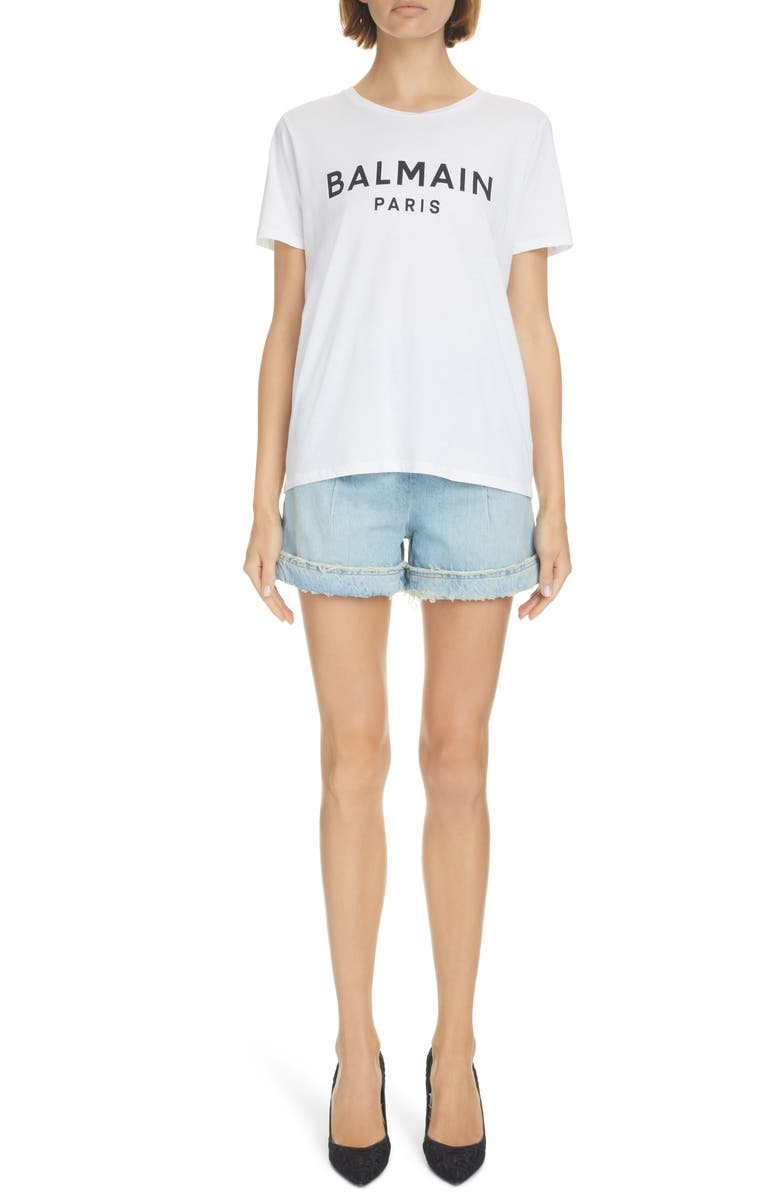 Balmain High Waist Button Front Cotton Denim Shorts, Alternate, color,