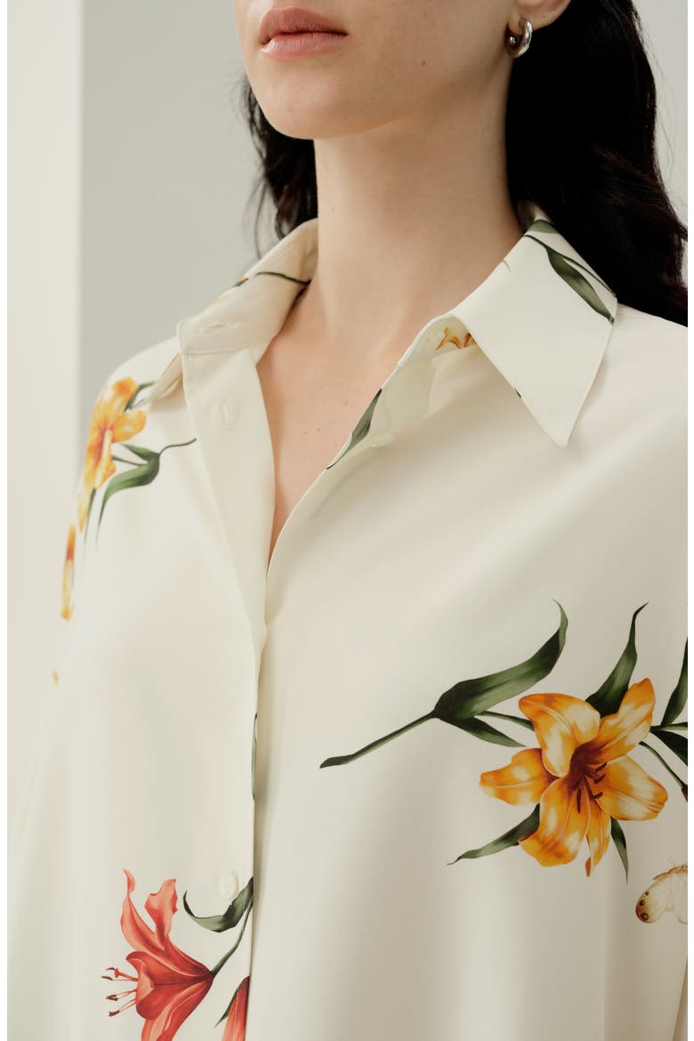 Women's Lily Print Silk Oversize Shirt, Alternate, color, Lily White