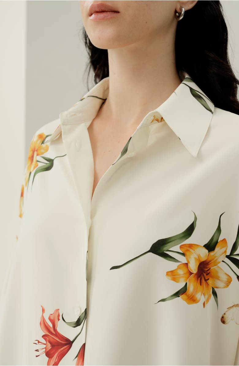Lilysilk Lily Print Silk Oversize Shirt, Alternate, color, Lily White