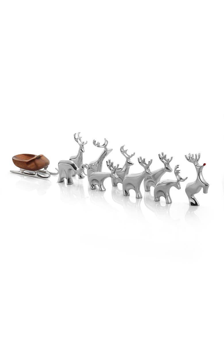 Nambé Mini Reindeer 10-Piece Figurine Set, Main, color, Silver