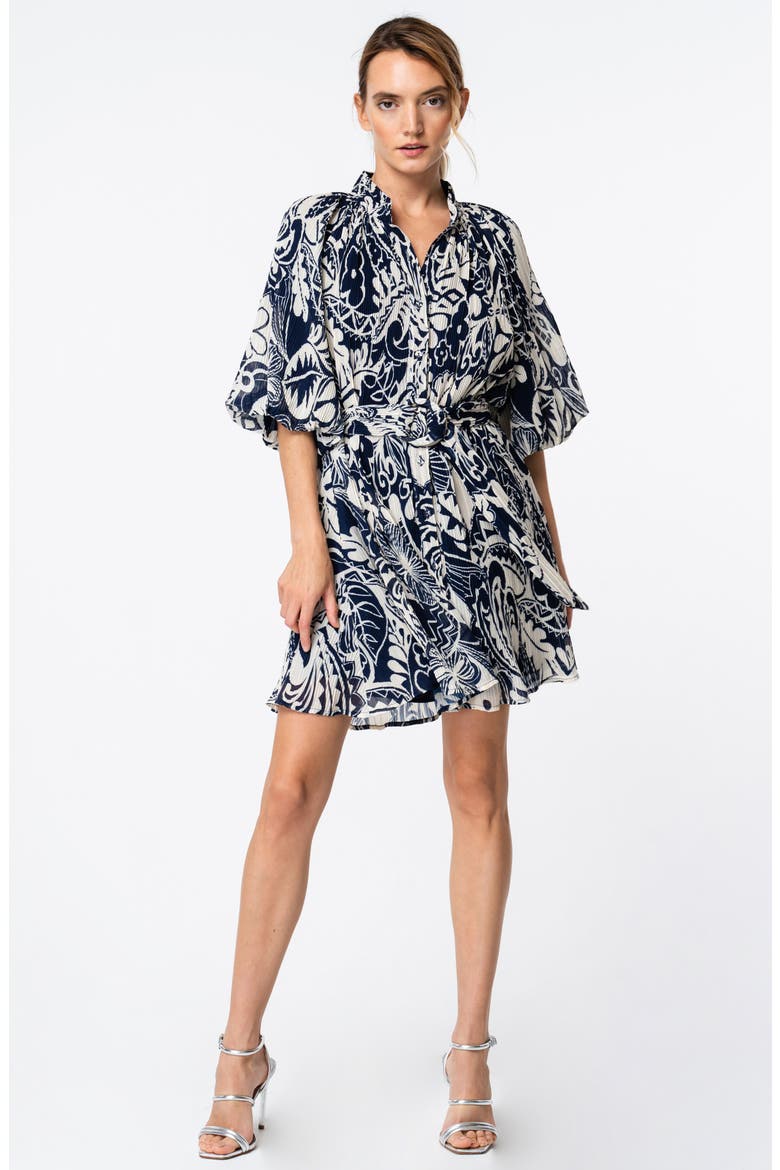 Anison Balloon Sleeve Plissé Chiffon Shirtdress, Alternate, color, NAVY MULTI