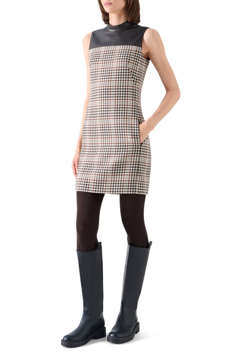 Check Tweed Wool Blend Shift Dress with Faux Leather Trim, Alternate, color, WINTER WHITE-ESPRESSO