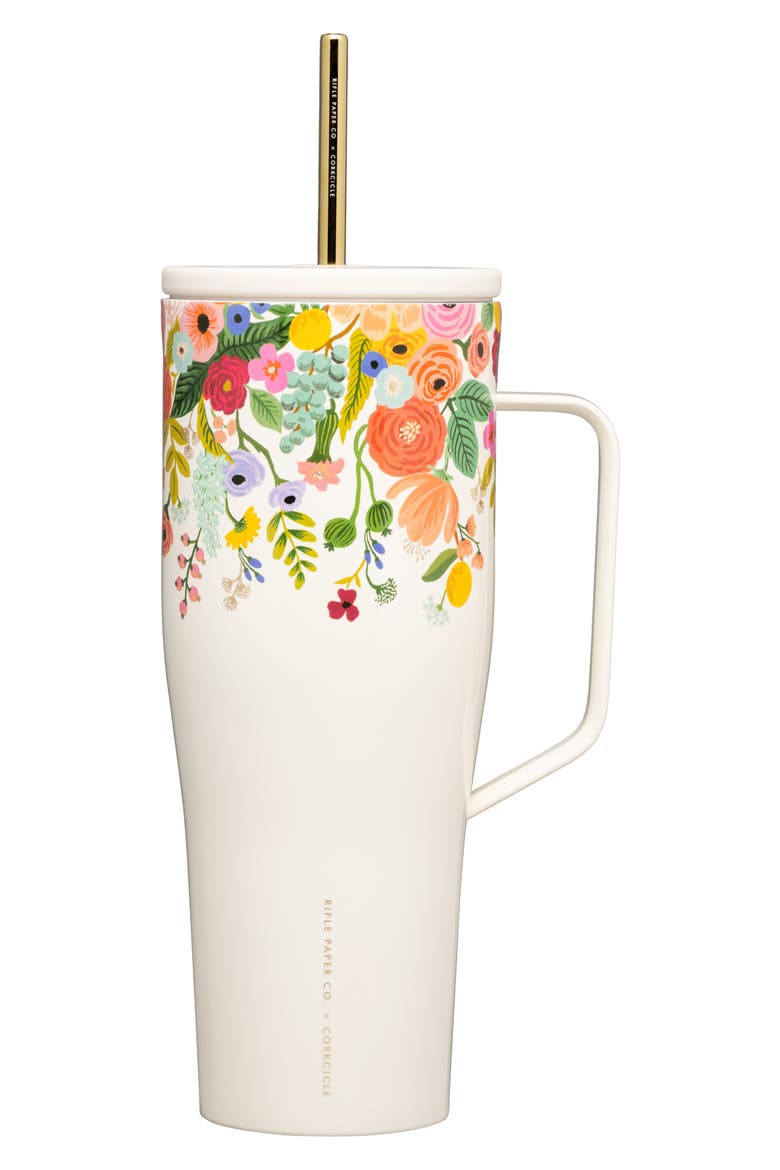 30-Ounce Insulated Cup with Straw, Main, color, RIFLE PAPER/ GDN PARTY CREAM