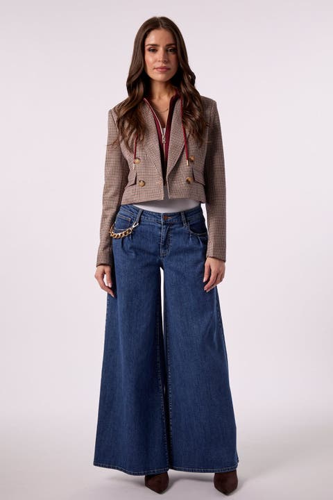 Skye Cropped Blazer With Hoodie Insert in Maroon & Houndstooth
