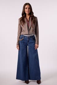 BLUE REVIVAL Skye Cropped Blazer With Hoodie Insert in Maroon & Houndstooth
