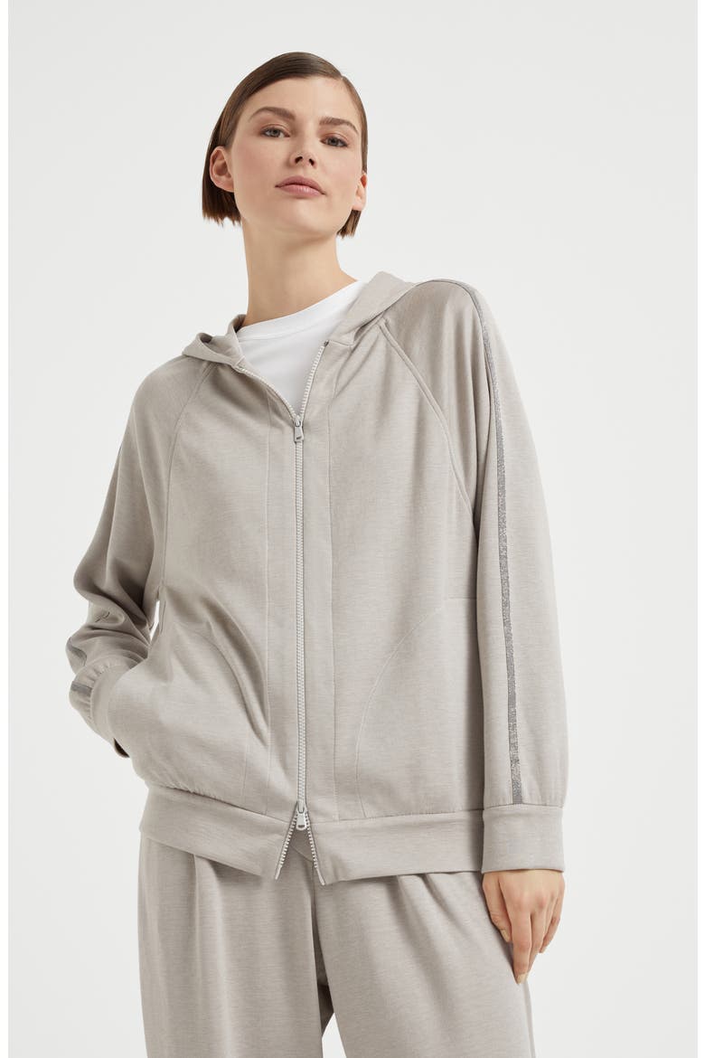 Cotton and silk interlock hooded sweatshirt with precious stripe, Alternate, color, Light Grey