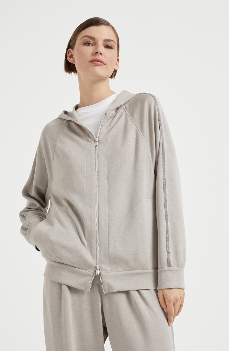Brunello Cucinelli Cotton and silk interlock hooded sweatshirt with precious stripe, Alternate, color, 