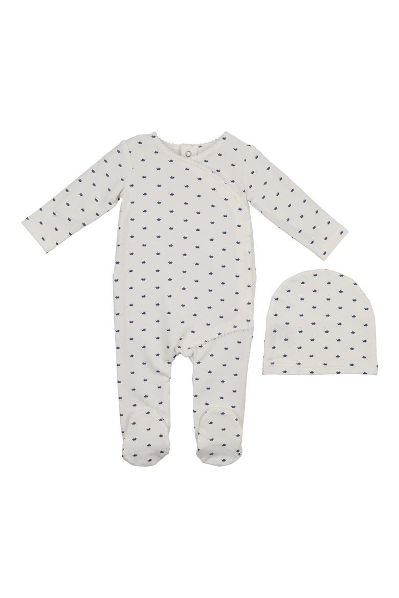 Crown Print Cotton Blend Wrap Footie & Beanie Set, Main, color, OFF WHITE