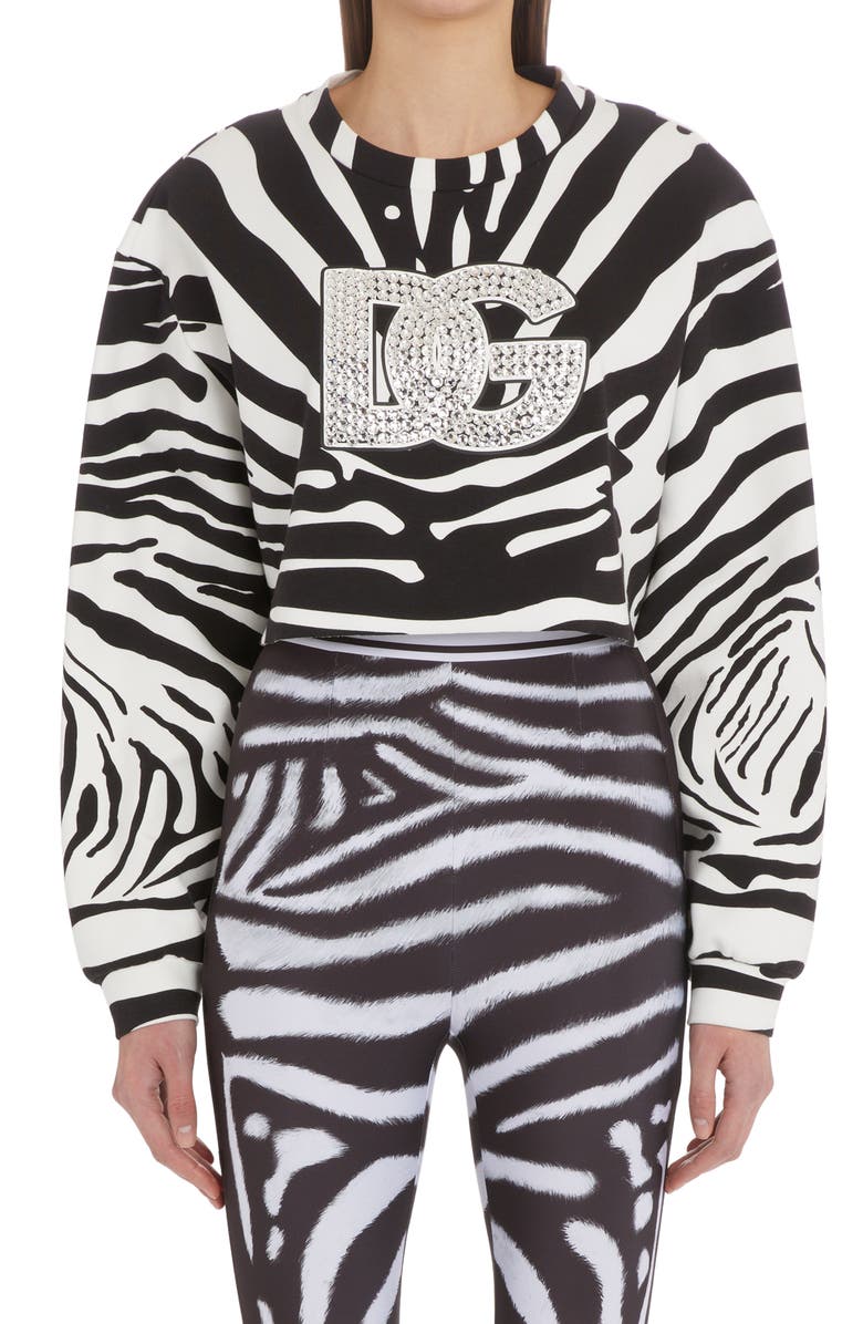 Dolce&Gabbana Zebra Print Crop Cotton Logo Sweatshirt, Main, color,