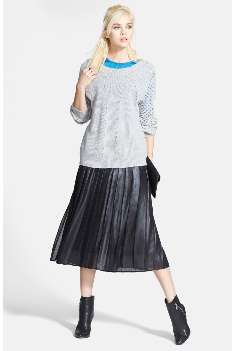 Pleat Midi Skirt, Alternate, color, COATED BLACK