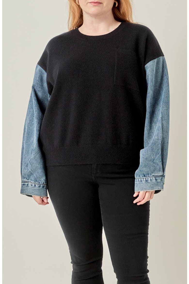 Denim Combo Sleeve Sweater, Main, color, BLACK / DENIM