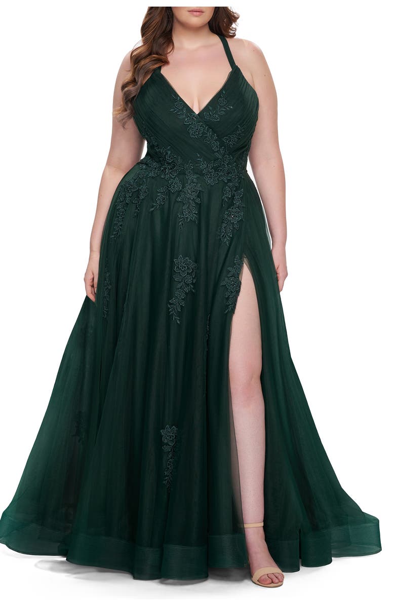 La Femme Plus Size A-line Tulle Dress with Floral Detailing, Alternate, color, Dark Emerald
