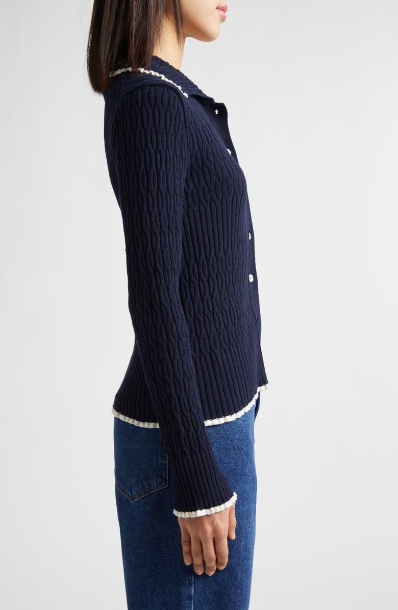 EENK Contrast Trim Pointelle Cable Knit Cardigan, Alternate, color, Navy