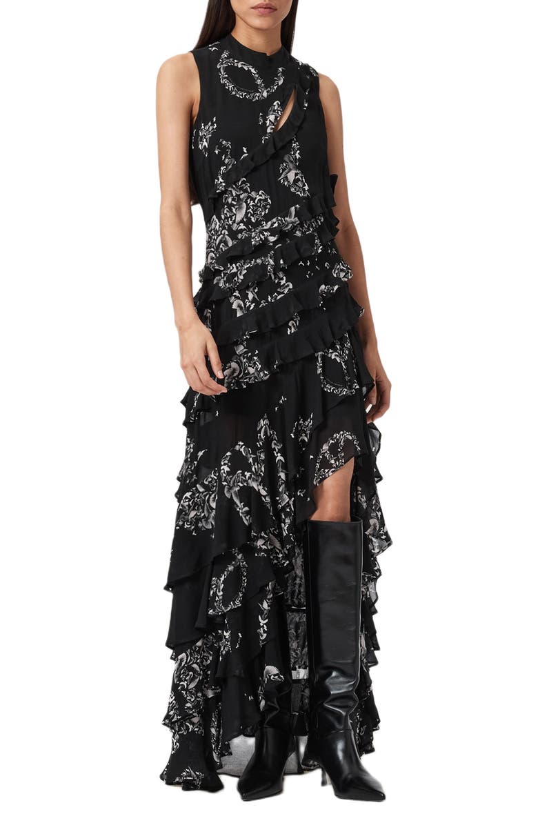 AllSaints Cady Bird Print Tiered Ruffle Dress, Alternate, color, Flight Black