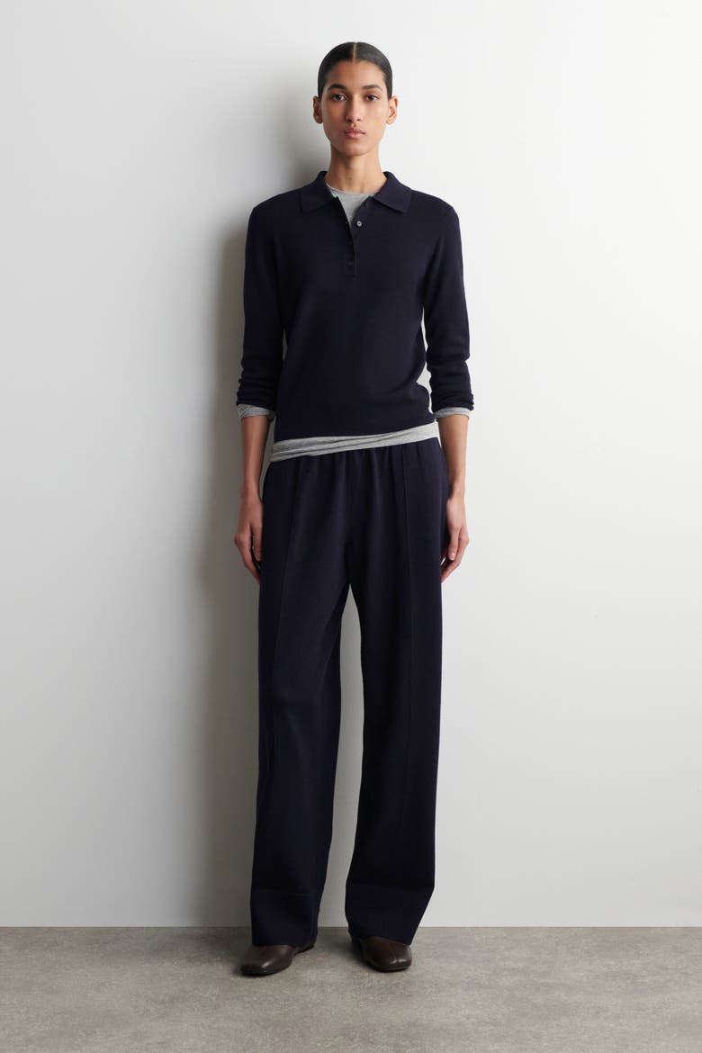 Cropped-sleeve Merino Wool Polo Shirt, Alternate, color, NAVY