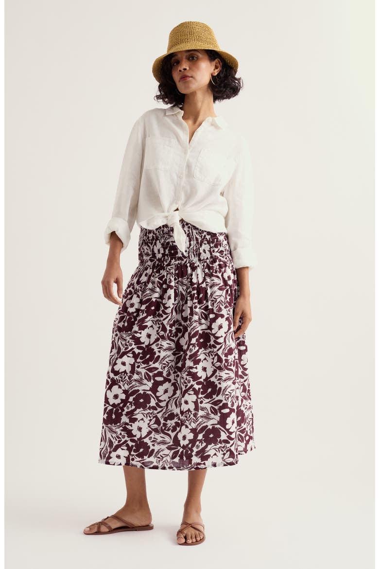 Rosemary Floral Organic Cotton Smocked Waist Midi Skirt, Alternate, color, SUMMER SHADOWS CACAO