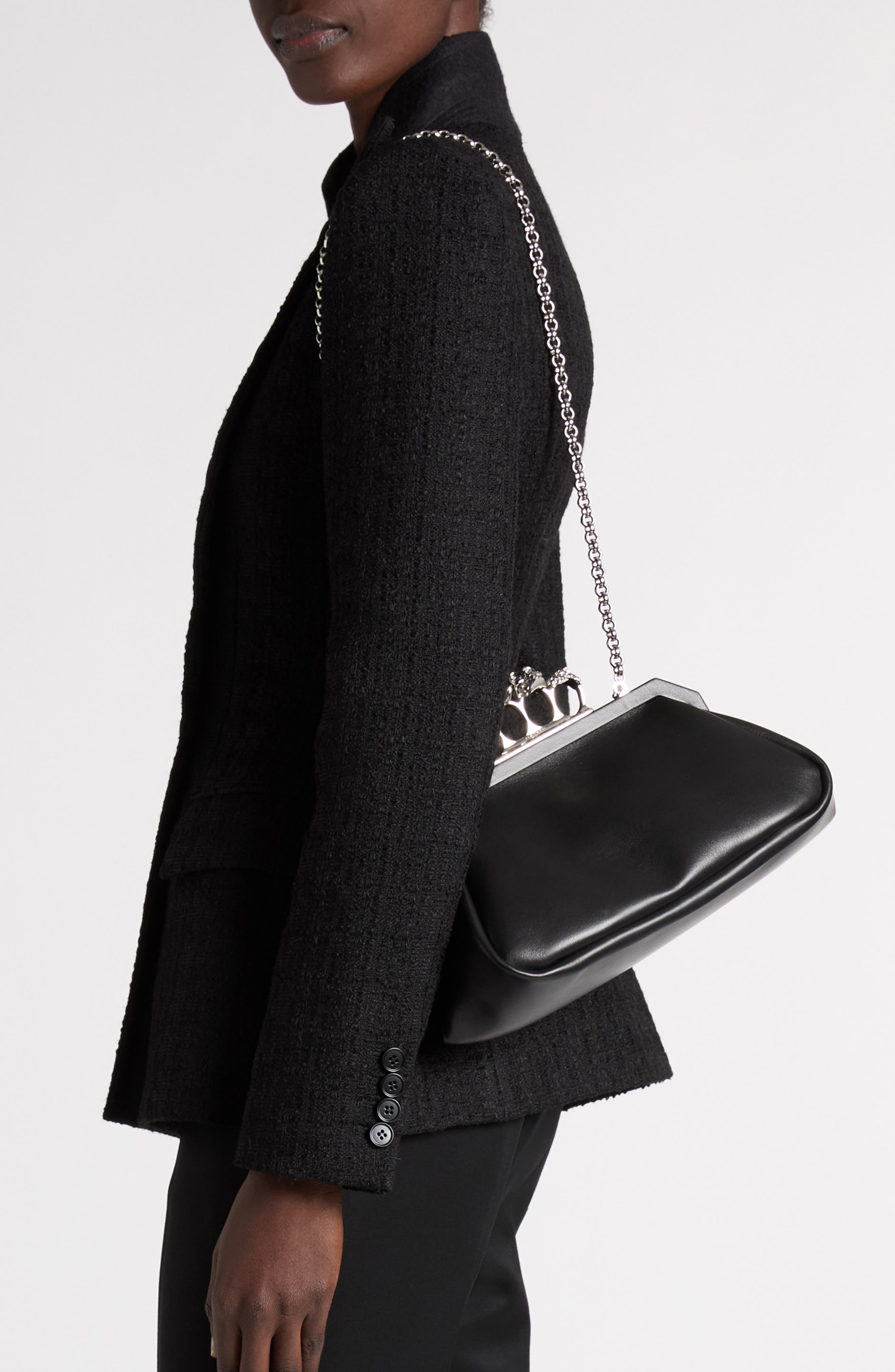 Knuckle Soft Leather Clutch, Alternate, color, BLACK/ SILVER
