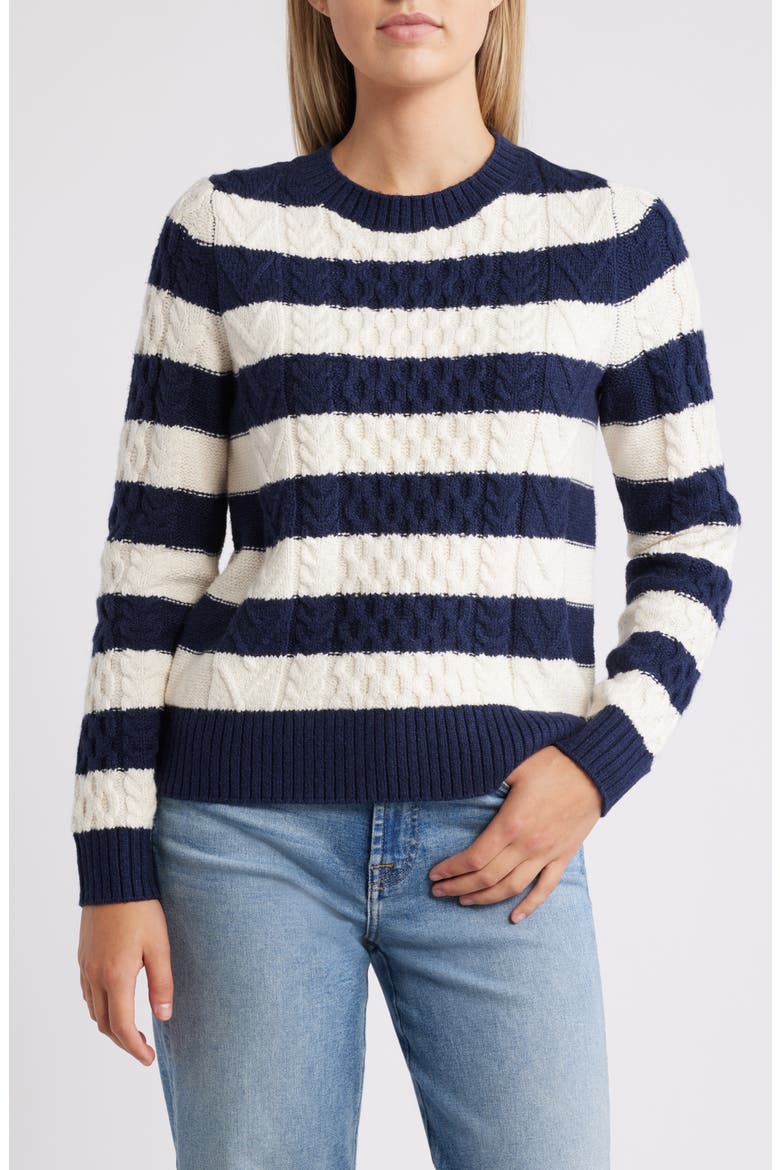 Cable Stitch Crewneck Sweater, Main, color, NAVY- IVORY PRISTINE STRIPE