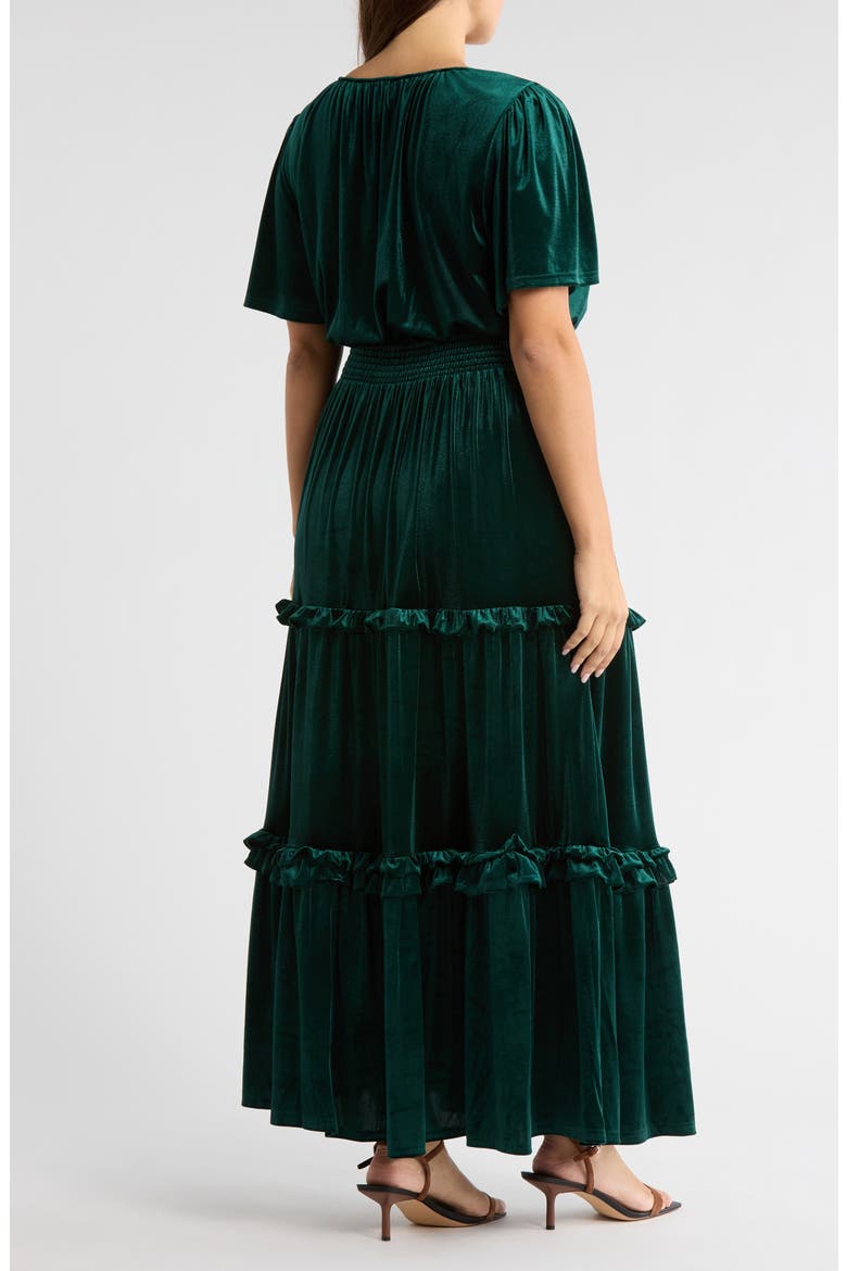 Juliete Velvet Palmer Tiered Maxi Dress, Alternate, color, EMERALD