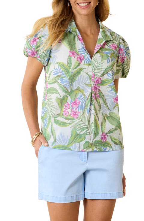 Gulf Shore Floral Puff Sleeve Seersucker Top
