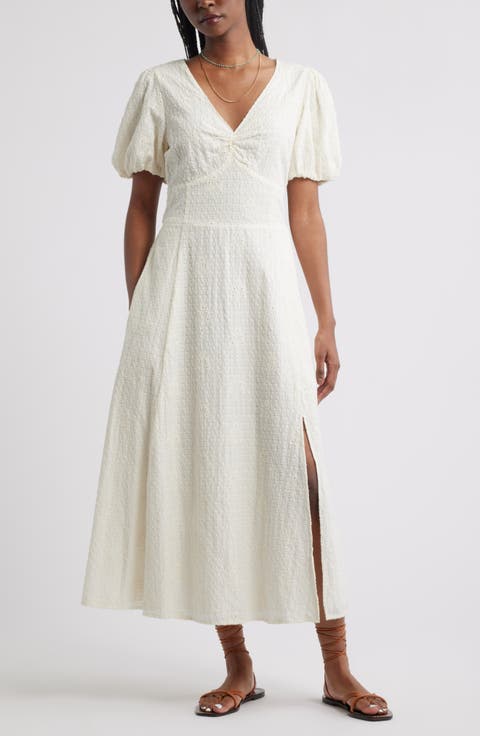 Textured Puff Sleeve Midi Dress