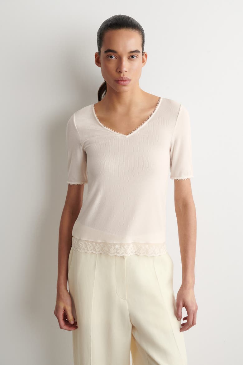 Lace-Trimmed Ribbed V-Neck T-Shirt, Main, color, WHITE