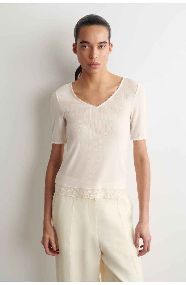 COS Lace-Trimmed Ribbed V-Neck T-Shirt, Main, color, White