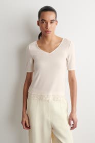 COS Lace-Trimmed Ribbed V-Neck T-Shirt