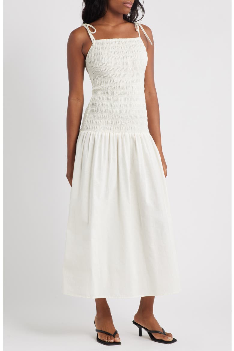 Shirred Linen Midi Sundress, Main, color, IVORY