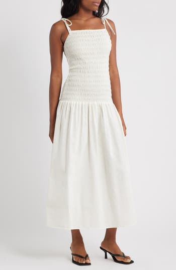 Topshop Shirred Linen Midi Sundress In White