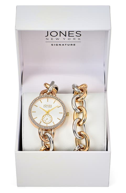 Crystal Bezel Two-Tone Bracelet Watch & Bracelet Set, 36mm