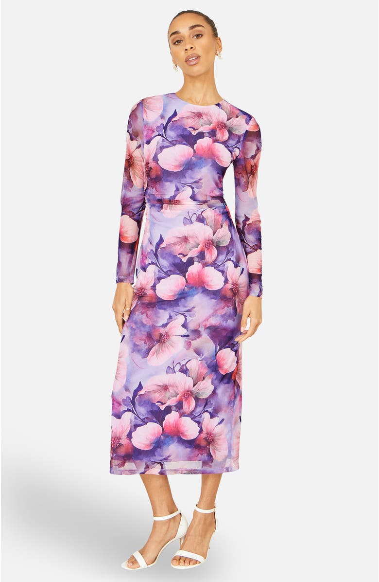 Yumi Tie Back Mesh Midi Dress, Main, color, Purple