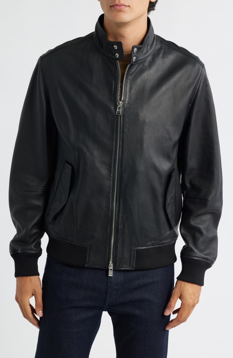 BOSS Monier Black Leather Zip Jacket, Alternate, color, Black