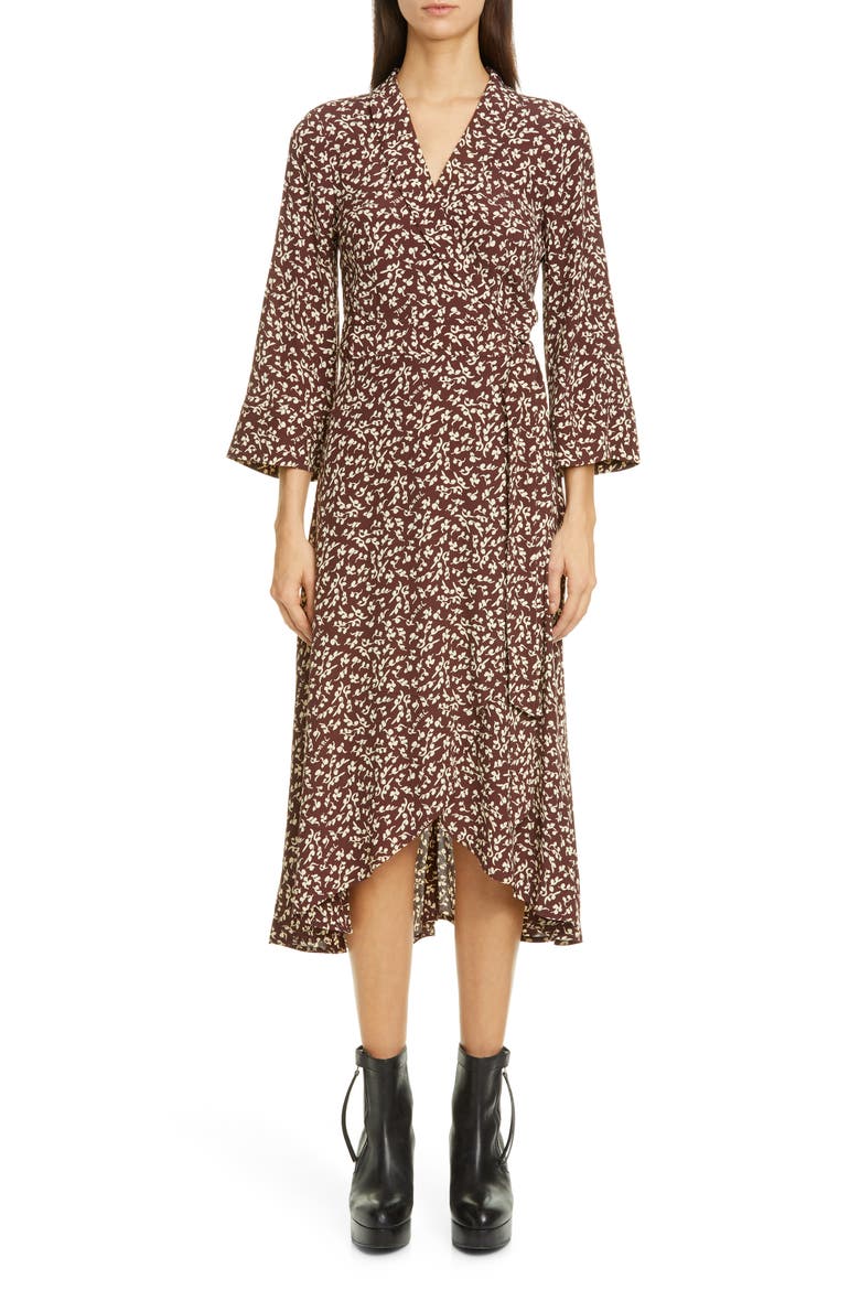 Floral Logo Crêpe Wrap Dress, Main, color, DECADENT CHOCOLATE