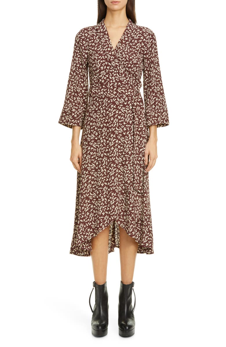 Ganni Floral Logo Crêpe Wrap Dress, Main, color, 