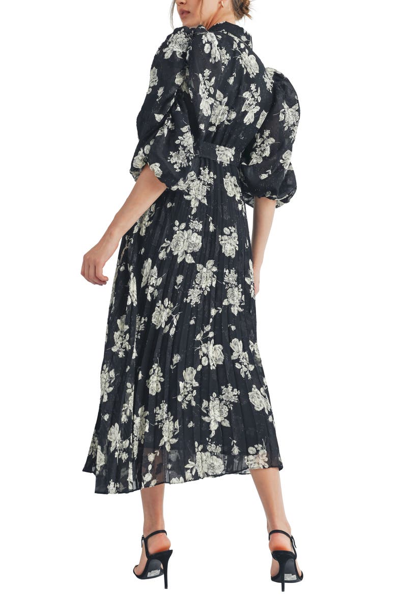 Floral Print Pleated Midi Dress, Alternate, color, BLACK CREAM
