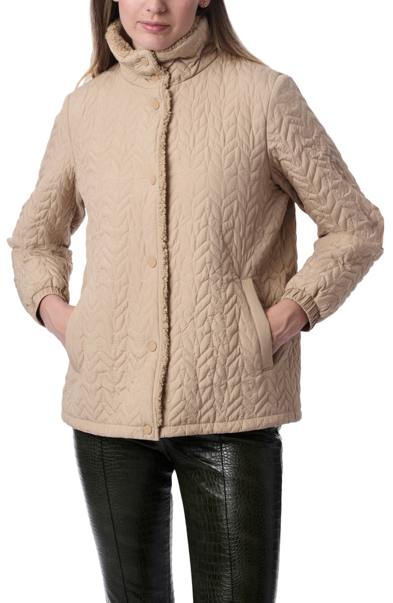 Bernardo Quilted Jacket with Faux Shearling Collar, Main, color, Light Beige