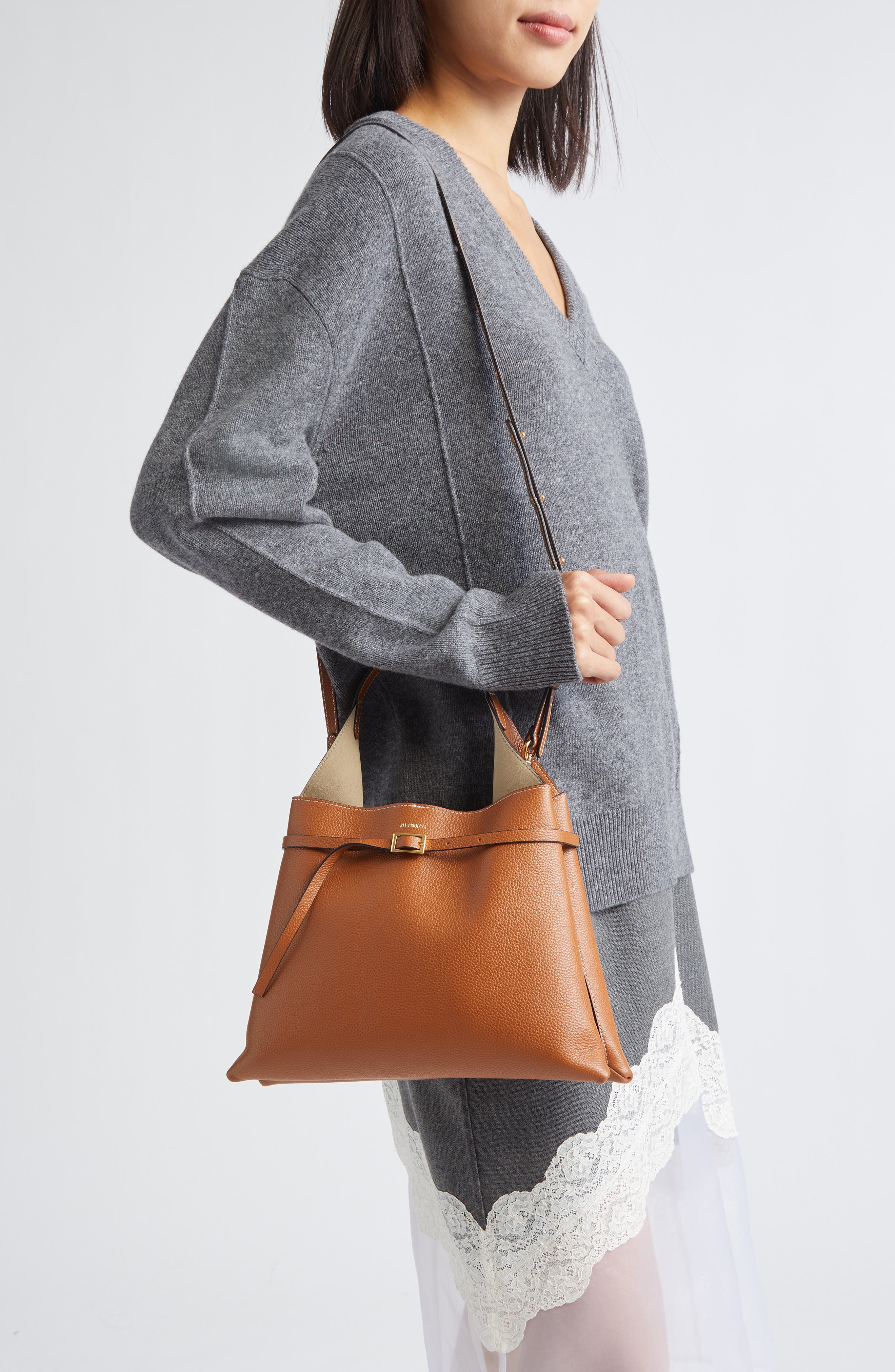 Mini Clare Belted Soft Pebble Grain Leather Tote, Alternate, color, CARAMEL