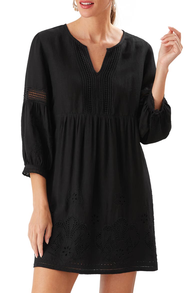 St. Lucia Split Neck Linen Blend Cover-Up Dress, Main, color, BLACK