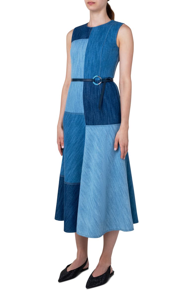 Akris punto Colorblock Belted Denim Midi Dress, Alternate, color, 