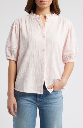 Caslon ® Ruffle Band Collar Cotton Gauze Button-up Top In White