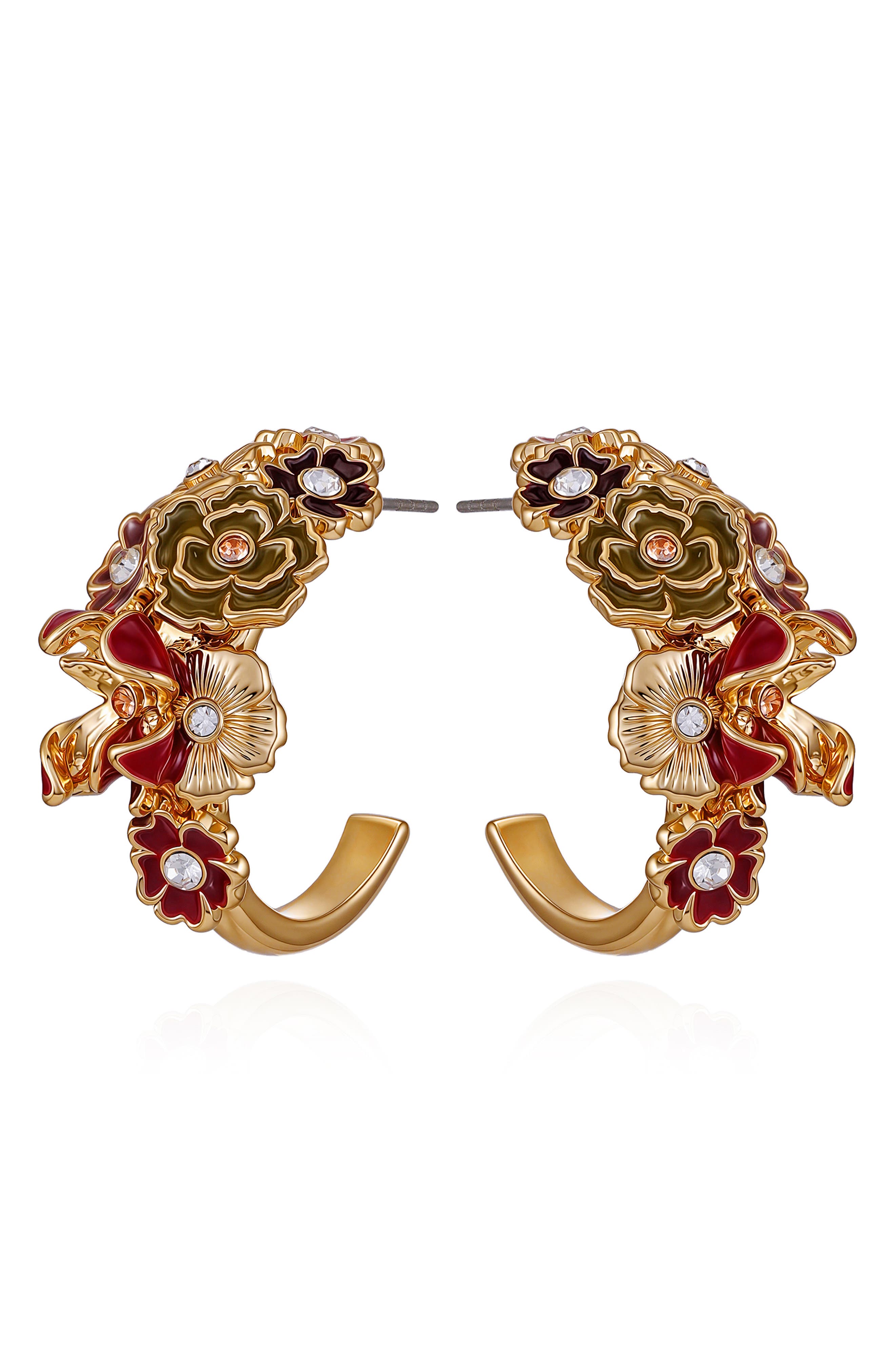 GUESS Crystal Enamel Flower Hoop Earrings