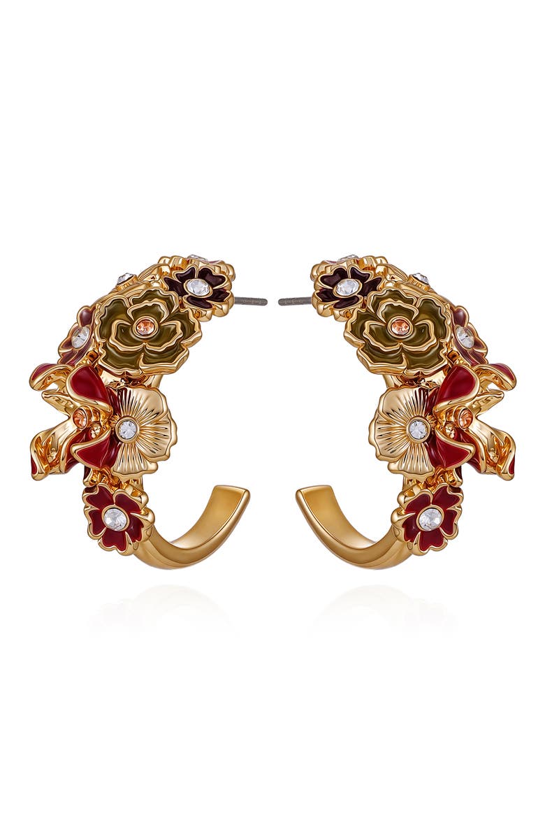 Crystal Enamel Flower Hoop Earrings, Main, color, GOLD TONE