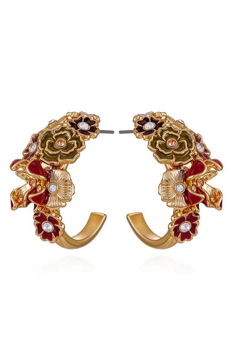 Crystal Enamel Flower Hoop Earrings