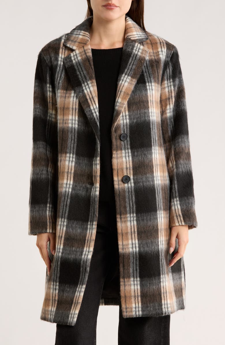 Lucky Brand Plaid Single Breasted Coat, Alternate, color, Black Fuzzy Plaid