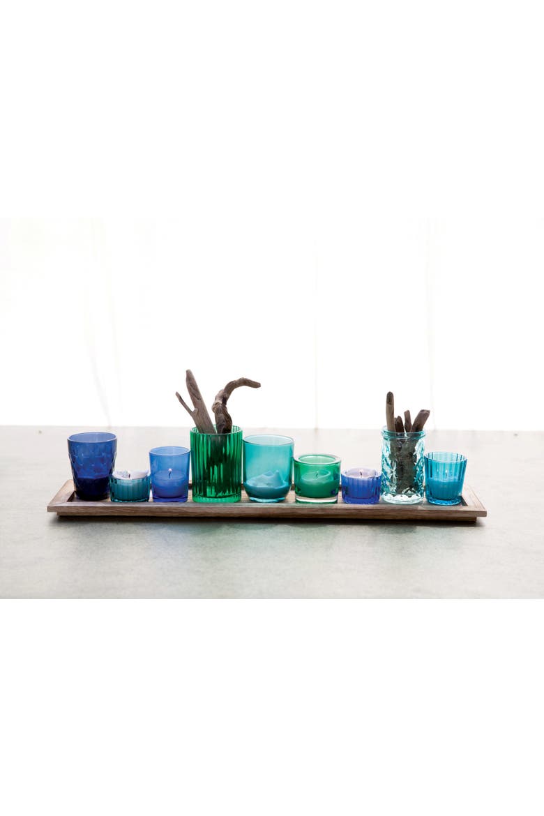 Wood Tray with 9 Blue & Green Glass Votive Holders, Set of 10, Alternate, color, Blue