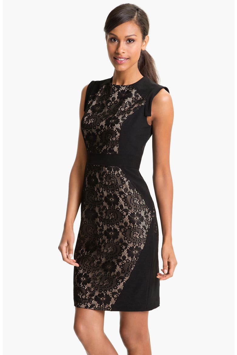 Lace Inset Crepe Sheath Dress, Main, color, BLACK